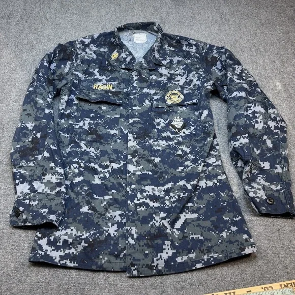 US Navy Shirt Men Small Long  Blue Digital Camo Working Blouse NWU Military Seal
