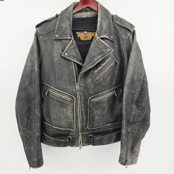 Harley Davidson Legendary Eagle Leather Moto Jacket Distressed w/ Liner Large