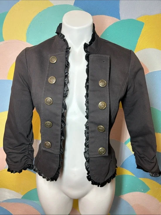 Vintage Stooshy Women's Black Military-Style Ruffle Trim Jacket sz M