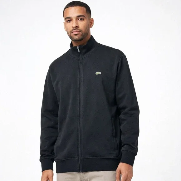 Lacoste Sport Track Jacket Mens 1XLT Black Full Zip Fleece Mock Neck Logo‎