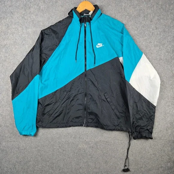 Vintage Nike Windbreaker Jacket Mens Large Black Teal White Colorblock 90s Style