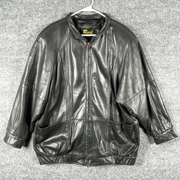 Vintage Reed Jacket Mens Medium Black Leather Full Zip Bomber Lined USA Made‎
