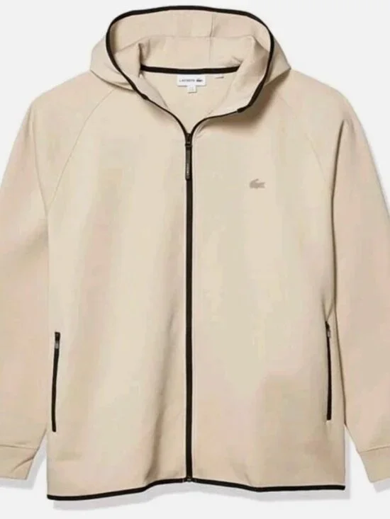 Lacoste Men’s Motion Hoodie Jacket – Beige Full Zip Track Style – Size Large