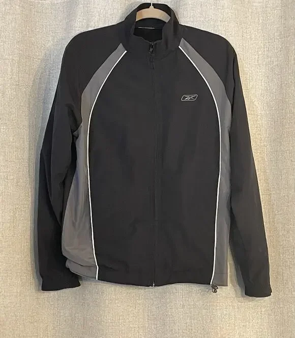Reebok Full Zip Windbreaker Mens Gray Mesh Lined Embroidered Logo Med/Large