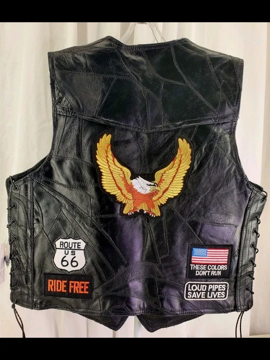 Diamond Plate Buffalo Black Leather Biker Vest with Side Lacing & Eagle Patch.