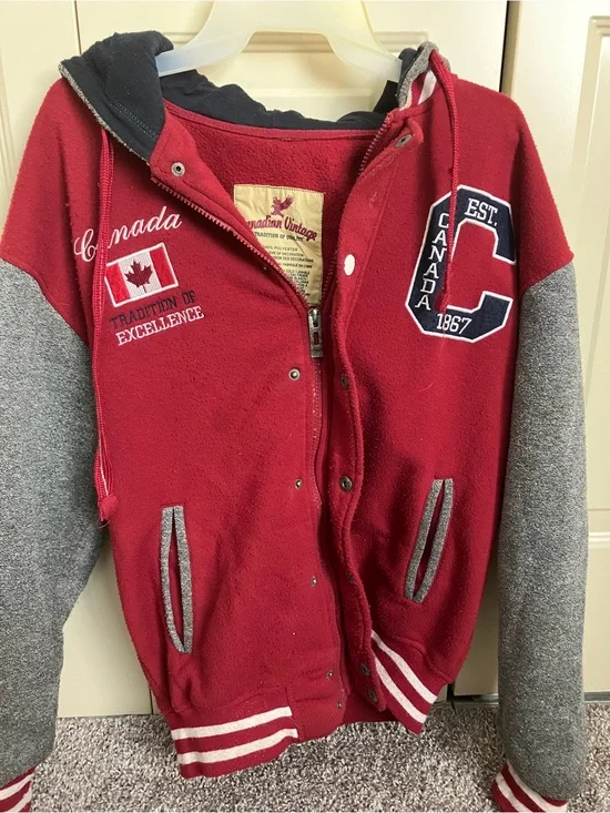Canada Vintage Red & Gray Hooded Varsity Bomber Jacket