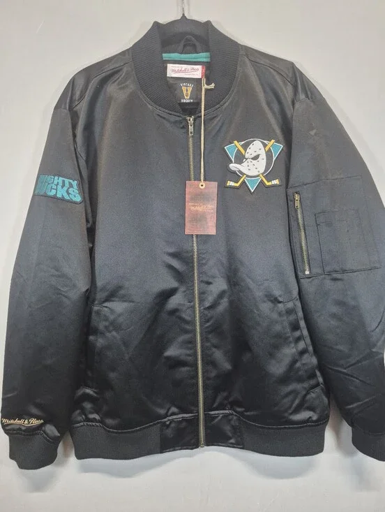 Mitchell & Ness Anaheim Mighty Ducks Satin Bomber Jacket Black NHL Vintage Large