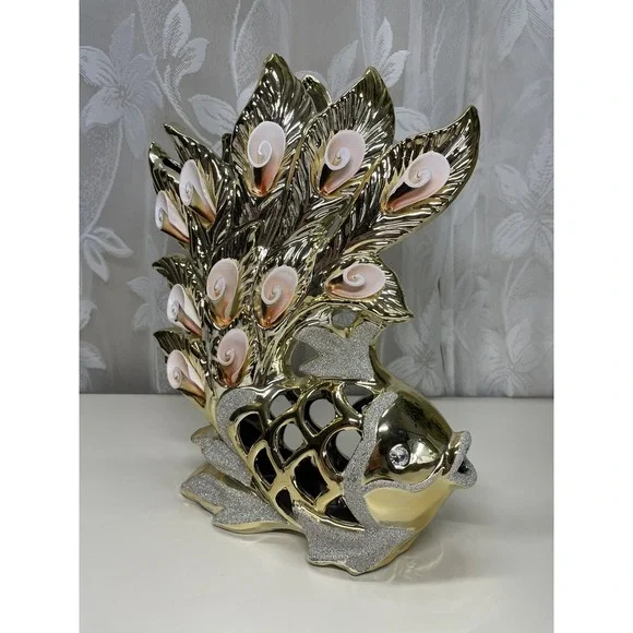 CERAMIC GOLD+SILVER SPARKLE GLITTER+PINK SHELL FISH FIGURINE,VASE-V932A  12