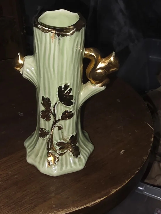 Vintage Green Ceramic Tree Trunk Vase with 22k Gold Accents
