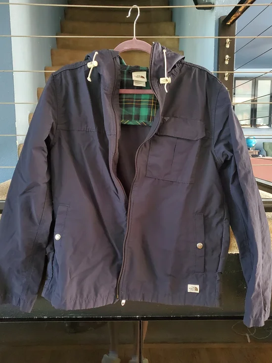The North Face Navy Hooded Raincoat with Plaid Lining