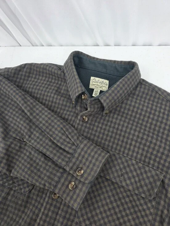 Cabela's‎ Fleece Lined Flannel Shacket Large Green Check Long Sleeve Button Up