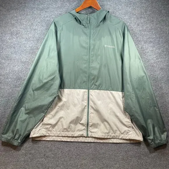 Columbia Windbreaker Jacket Men's XL Green/Beige Full Zip Hooded Light READ