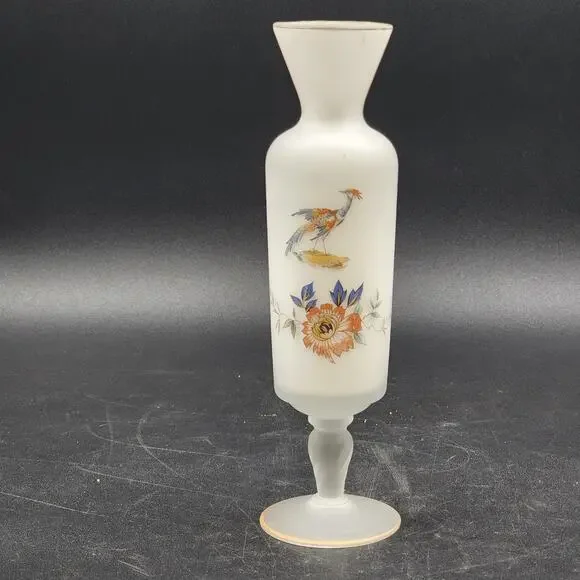 Norleans Frosted Satin Art Glass Vase Hand Painted Bird Bristol Gold Trim 10