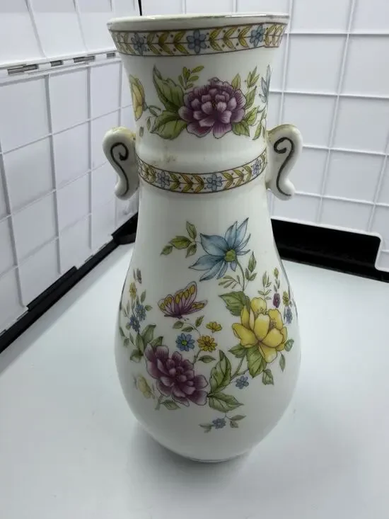 Vintage Minton Haddon Hall Style Vase - White Floral Urn Flowers Butterflies