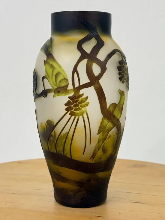 Art Nouveau Style Chinese Peking Cameo Overlay Glass Vase Hand Carved Bird/ Tree