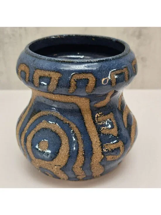 Handcrafted Blue & Tan Glazed Ceramic Vase With Geometric Design CM2354