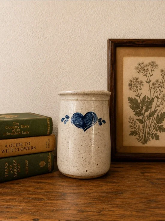 Handmade Blue Heart Stoneware Crock | Signed Pottery Vase