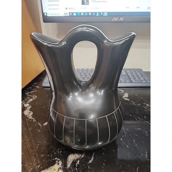 Vintage Signed Adakai Navajo Blackware Wedding Vase - EXCELLENT