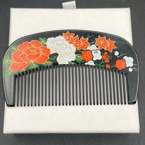 Vintage Japanese Hair Comb Black Lacquer‎ Style Floral  Koshi mid century