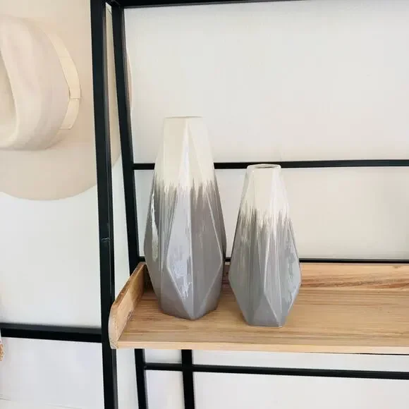 2 VINTAGE White Grey Gray Ridged Ceramic Vase Decor Mid Century Modern Retro