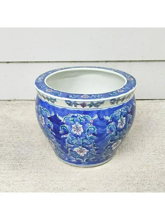 Vintage Chinese Blue & White Porcelain Fishbowl Planter 8” Chinoiserie Cachepot