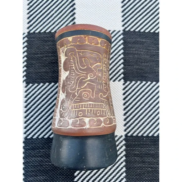Armando de Mexico Hand Carved Pottery Vase Mayan Aztec Glyphs Folk Art 8 Inch