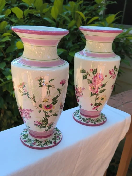 Laura Ashley Pink and White Floral Ceramic Vase Pair with Green Accents
