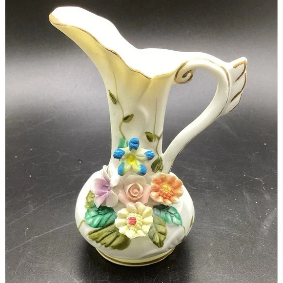 Vintage Miniature Pitcher‎ Vase W/ Applied Flowers Taiwan 4