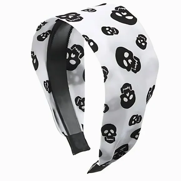 NWT Flying Haunted Printed Skulls Spooky Halloween White Goth Cloth Headband
