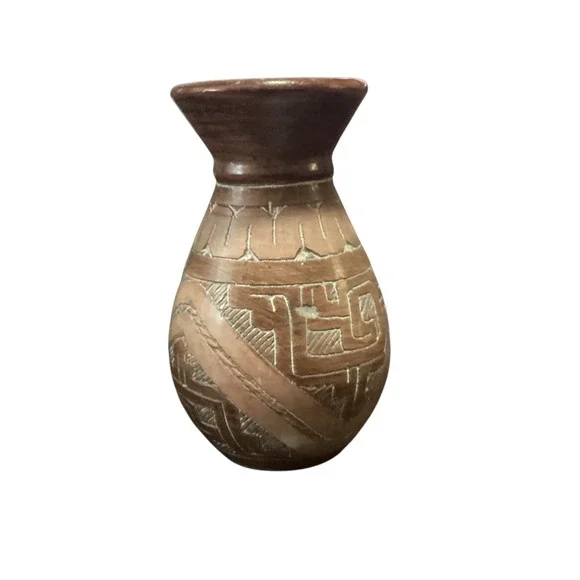 Handcrafted Terracotta Sgraffito Geometric Etched Bud Vase Brown 4 in Small Pot