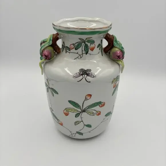 Vintage Chinoiserie Famille Rose Porcelain Butterfly & Pomegranate Handle Vase