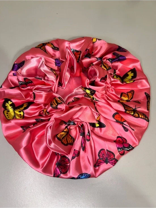 Pink Butterfly Satin Bonnet - Women's Hair Protection