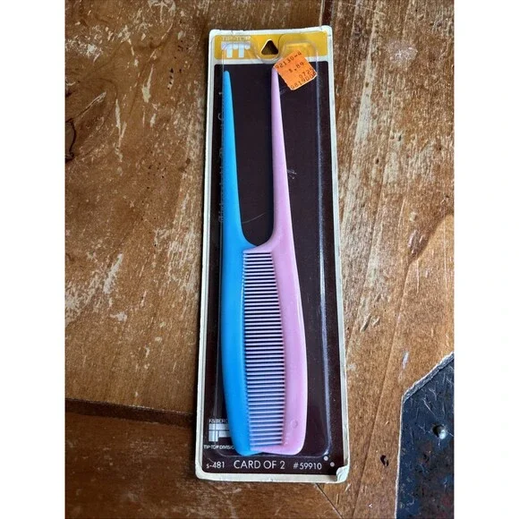 NEW VINTAGE Faberge Tip-top Rattail UNBREAKABLE COMB RETRO COMBS Blue Pink#59910