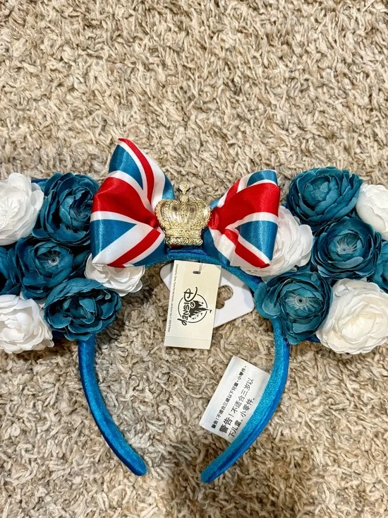 Epcot Disney Teal and White Floral Ear Headband with Union Jack Bow & Gold Crown