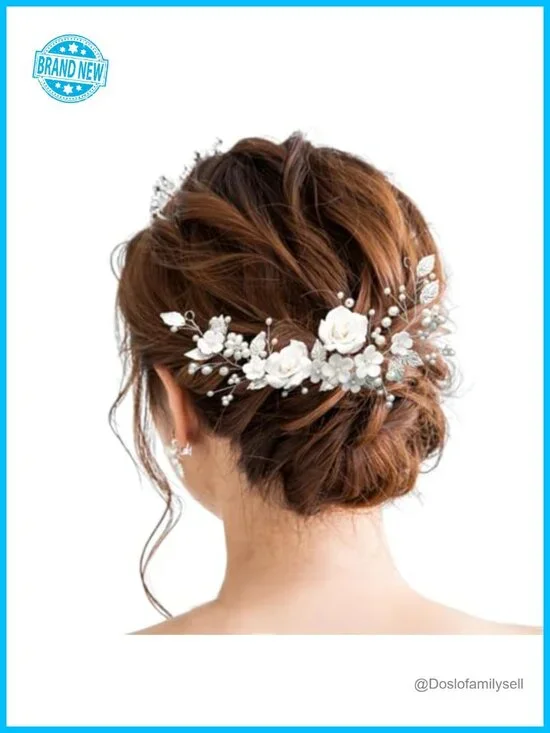 Ceramic Flower Bridal Hair Vine Rhinestone Leaf Headband 9