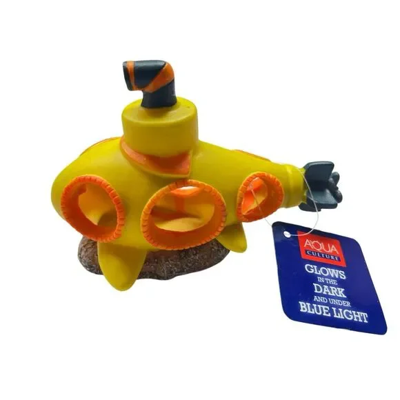 Yellow Submarine Glow In The Dark Aquarium Decoration Fish Tank Decor New W Tags