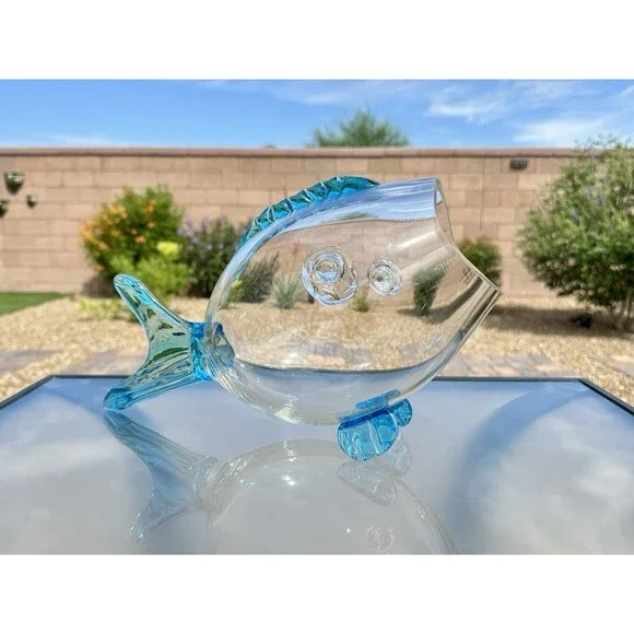 Vintage MCM Blenko Art Glass Fish Shape Sculpture Vase Bowl Clear Aqua Blue 14