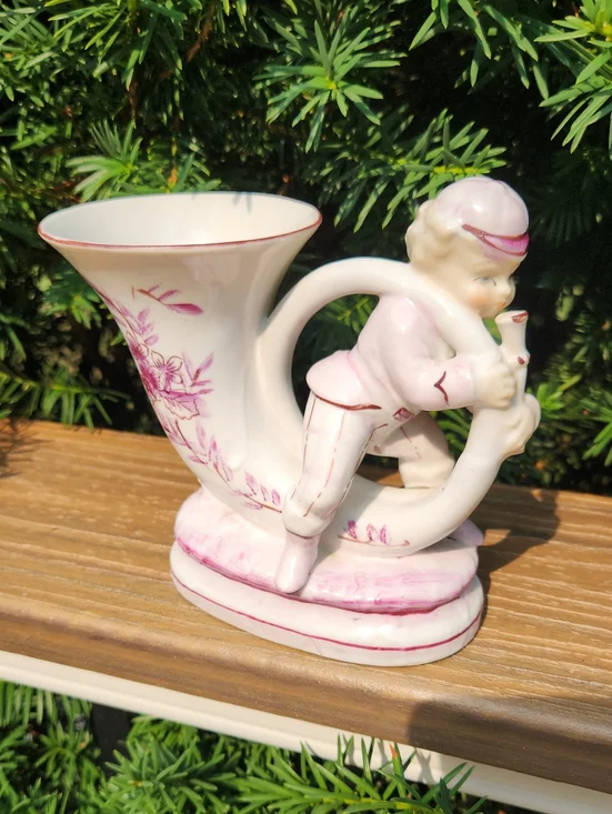 L&M inc Child Playing Horn Figurine/Vase in Pink and White