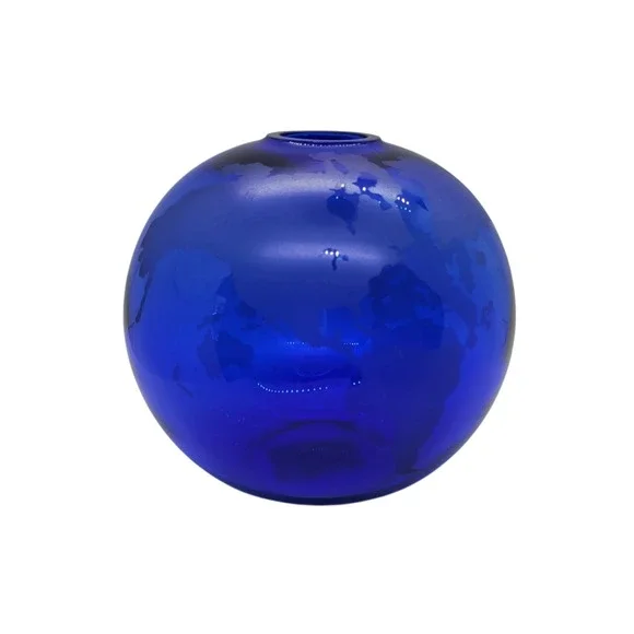 Silvestri Cobalt Blue Mouth Blown Glass Globe Vase Etched World Map Sphere 5.5in