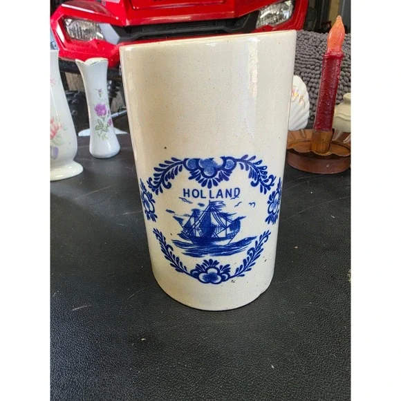 Vintage Holland Blue White Stoneware Crock Sailing Ship Tall Mug Vase 7 Inch