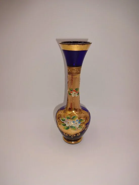 Vintage 1950s 1960s Lefton Japan Cobalt Blue Glass Works Vase Flowers Enamel 8