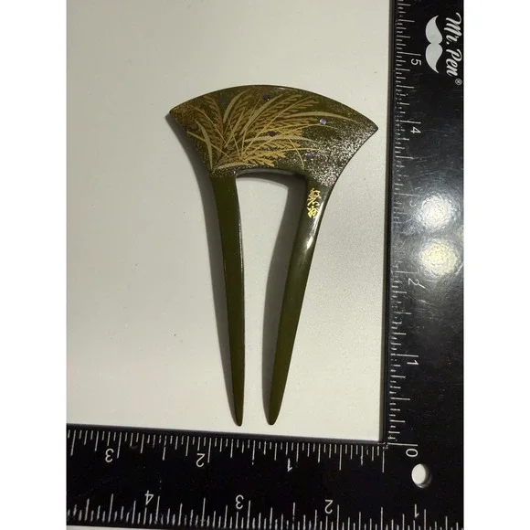 Vintage Japanese Kanzashi Hair Fork Fan Shape Green Gold Wheat Abalone Inlay