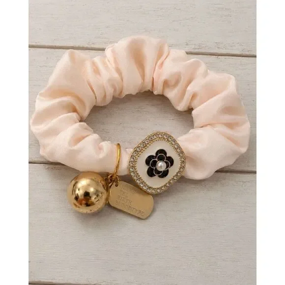 Pink Camellia Flower Scrunchie with Charms - Hair Tie Hair Band Ponytail