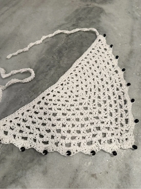 Handmade Crochet Wood Beaded Kerchief Head Scarf Cotton Boho Bandana Cottagecore