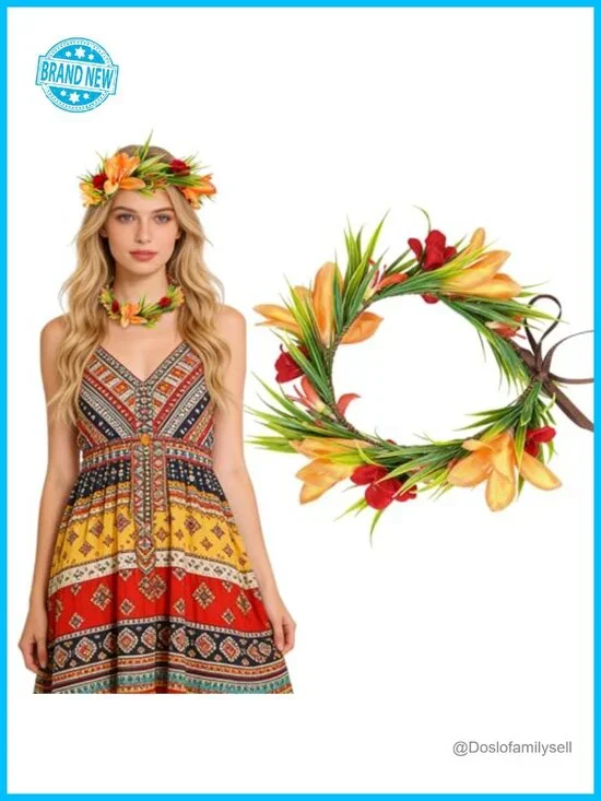 Tropical Hawaiian Flower Crown Adjustable Ribbon Lei Headband Luau Party Hair