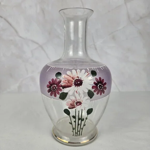 Vintage Hand Painted Glass Vase Pink & Purple Flowers Gold Accents