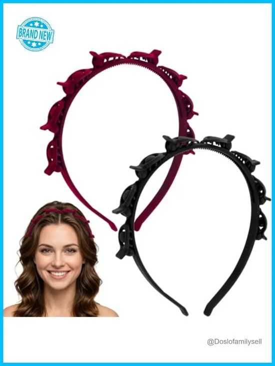 2 Pack Double Layer Clip Headbands, Non-Slip Braided Bangs Headband with Clips,