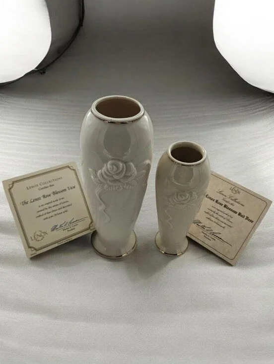 2 Pieces | Lenox Ivory and Gold | Rose Blossom Vases, Certificates, and Boxes