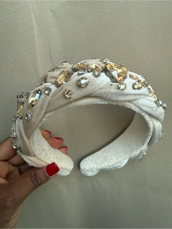 Embellished Ivory Velvet Padded Headband with Crystal Accents
