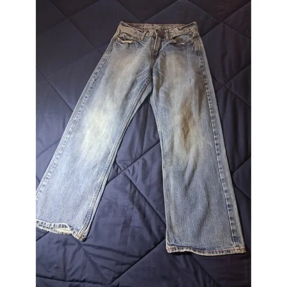 American Eagle Mens Bootcut Jeans 28x28 Light Wash Distressed Cotton Blue Denim